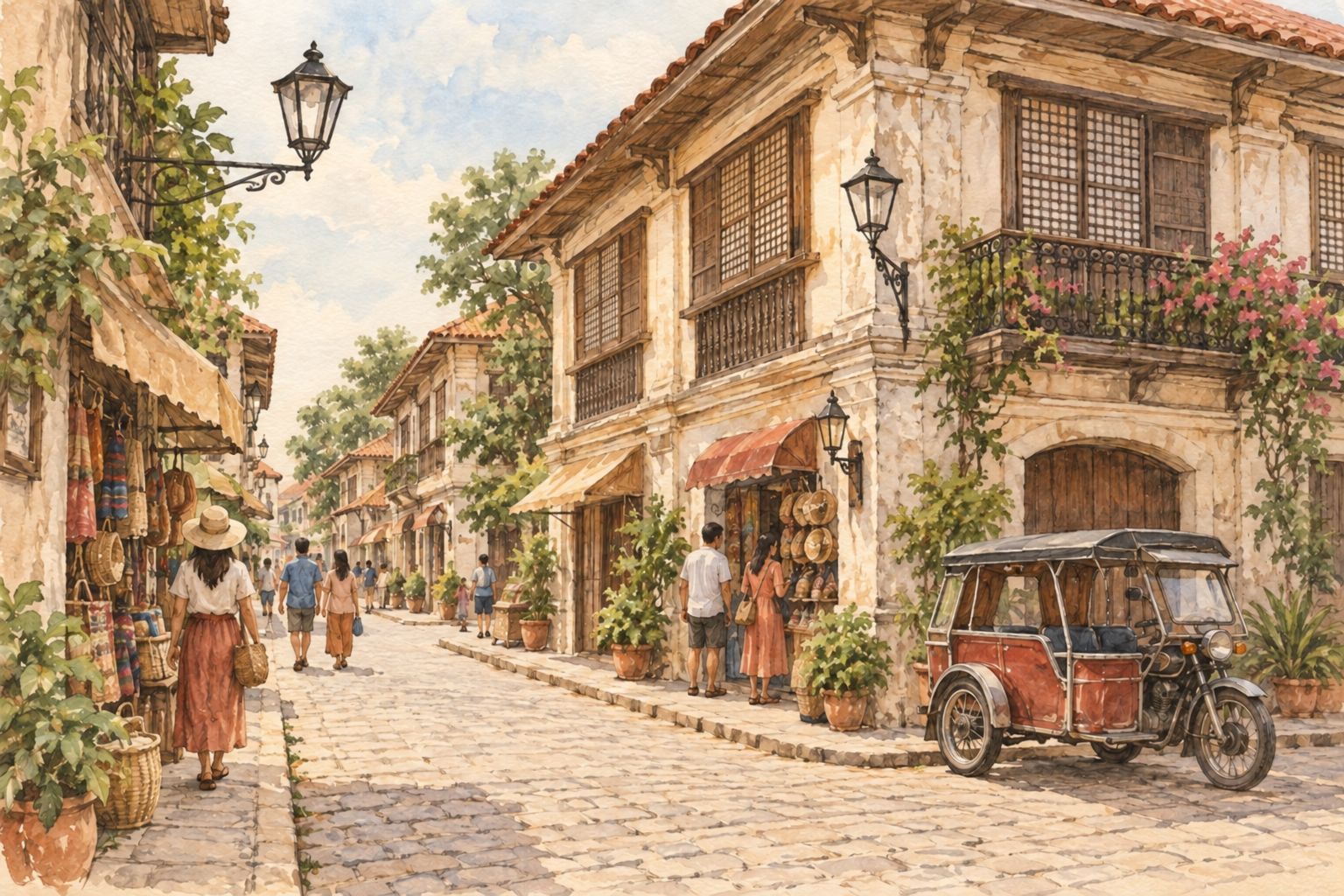 Watercolor interpretation of pedestrians, small shops and a motorized vehicle on a Vigan-inspired street.