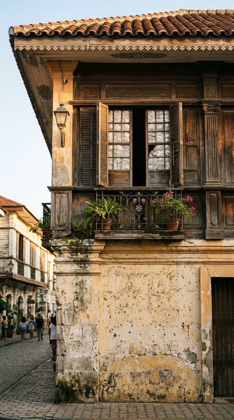 Close-up of a capiz-shell window and weathered wooden shutters on a Vigan ancestral house.