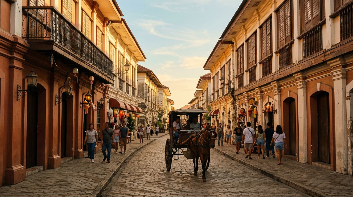 Calle Crisologo at golden hour, with restored Spanish-colonial houses and a horse-drawn calesa passing through.