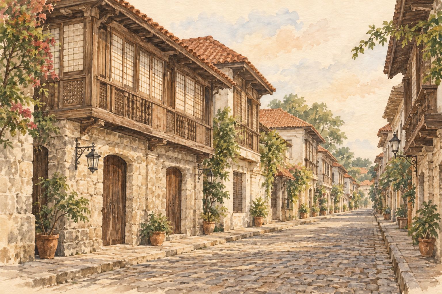 Watercolor interpretation of Vigan-inspired heritage houses along a quiet street; not an archival image.