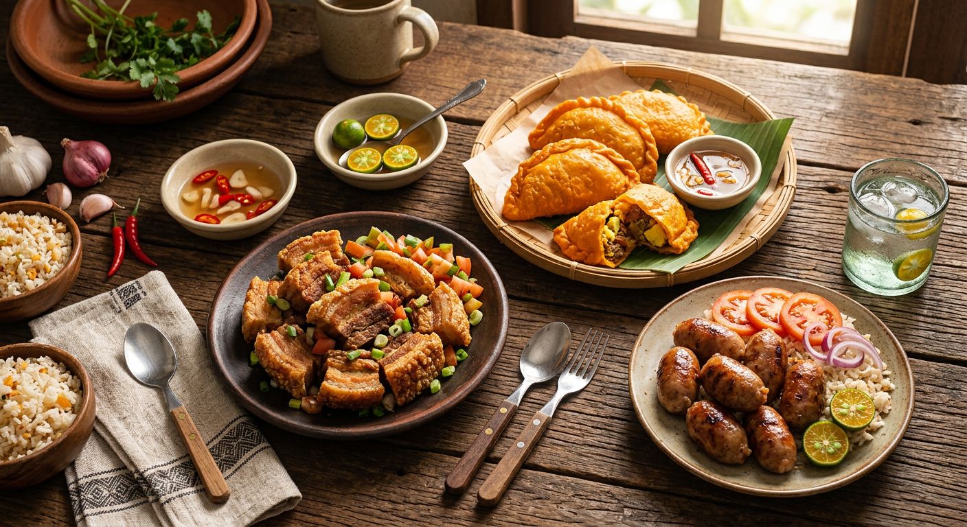 Overhead view of bagnet, empanada, and longganisa on a rustic wooden table.