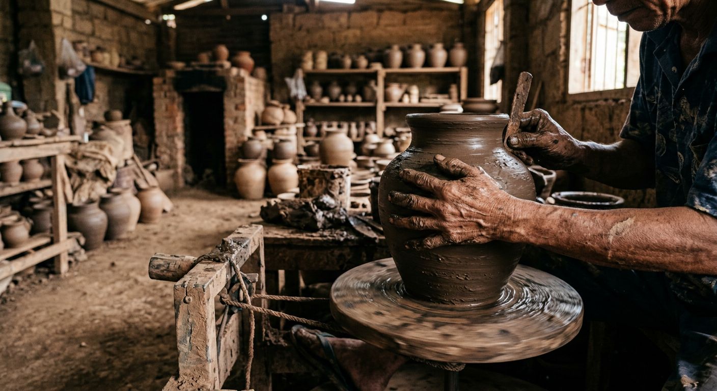 A potter's hands shaping wet clay into a burnay jar at a Vigan pottery workshop.