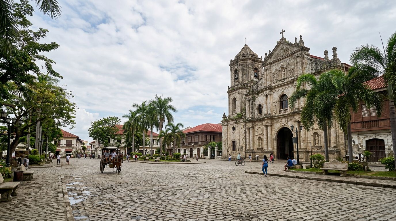 Wide view of Plaza Salcedo and the baroque facade of St. Paul Cathedral in Vigan.